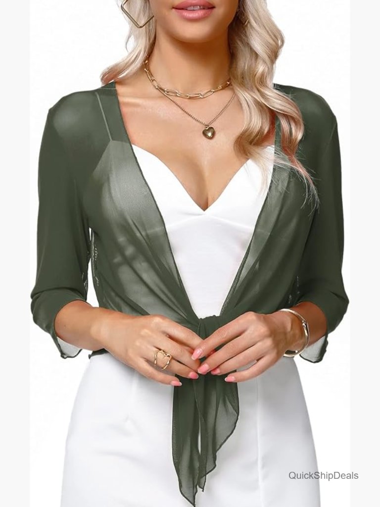 3/4 Sleeve Sheer Mesh Shrug Tie Front Cropped Bolero Cardigan S-Xxl